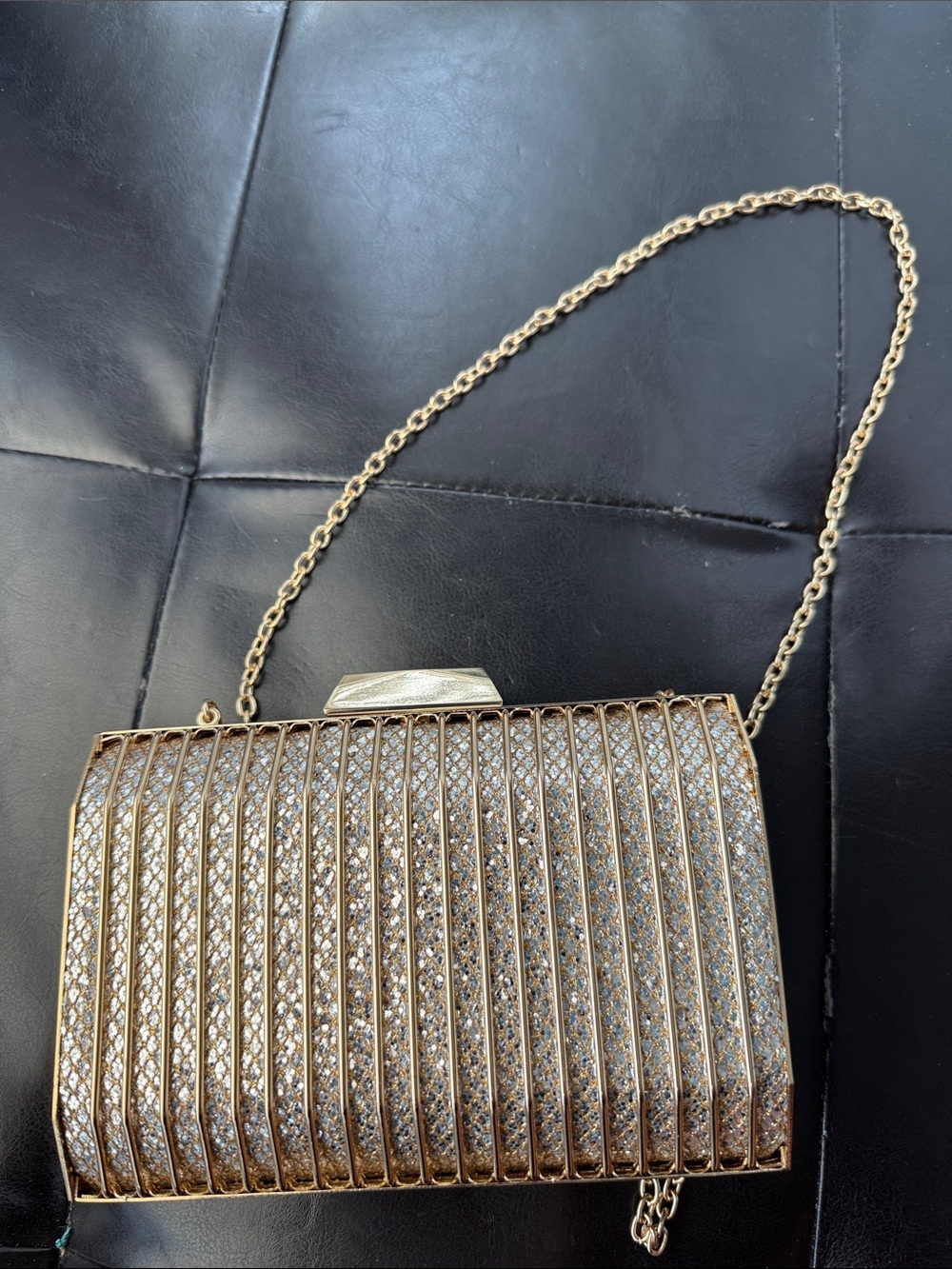 Gold Crystal Ribbed Evening Clutch with Chain Strap